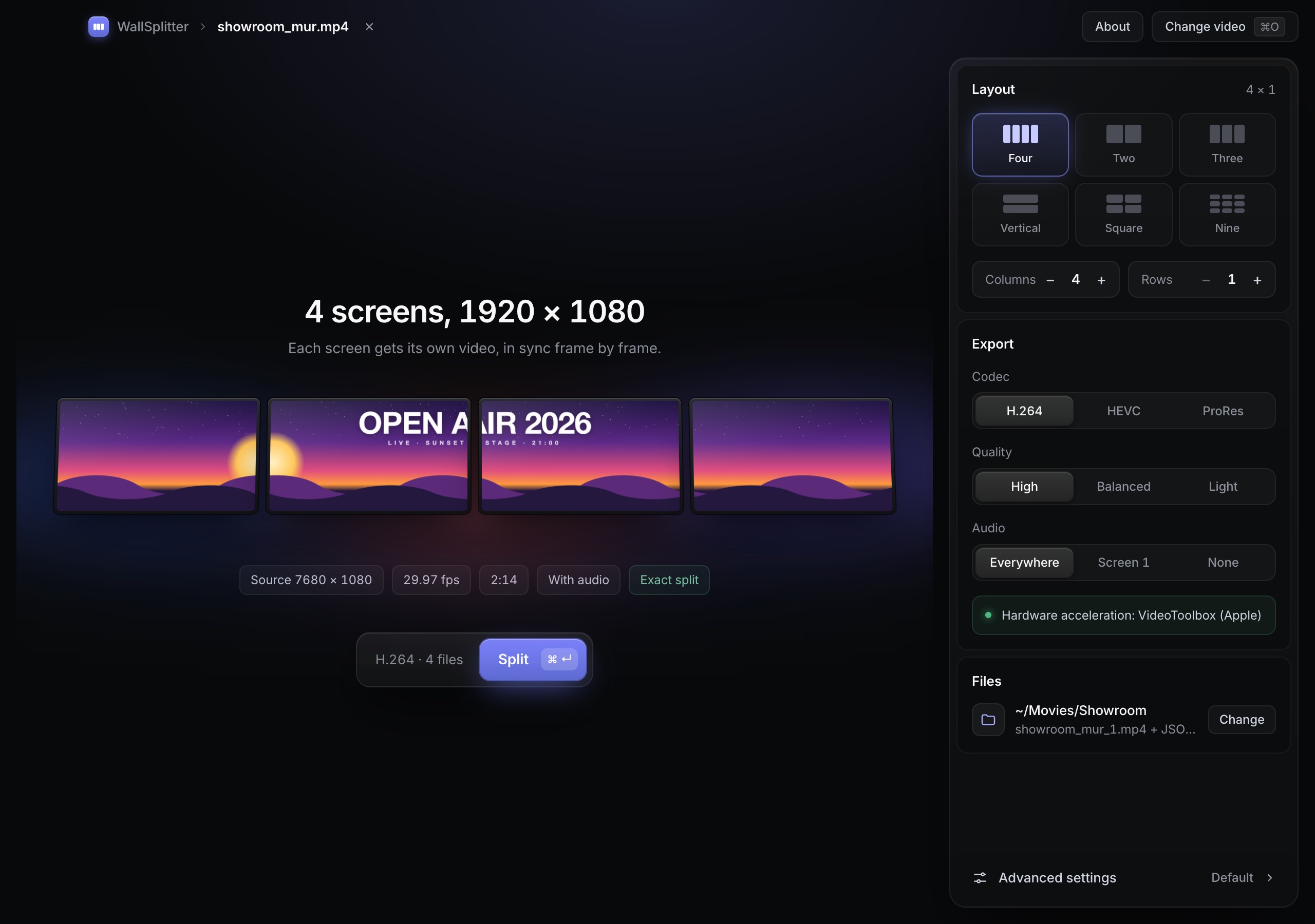 WallSplitter open on a 7680 × 1080 video, with the four resulting screens on a video wall behind it