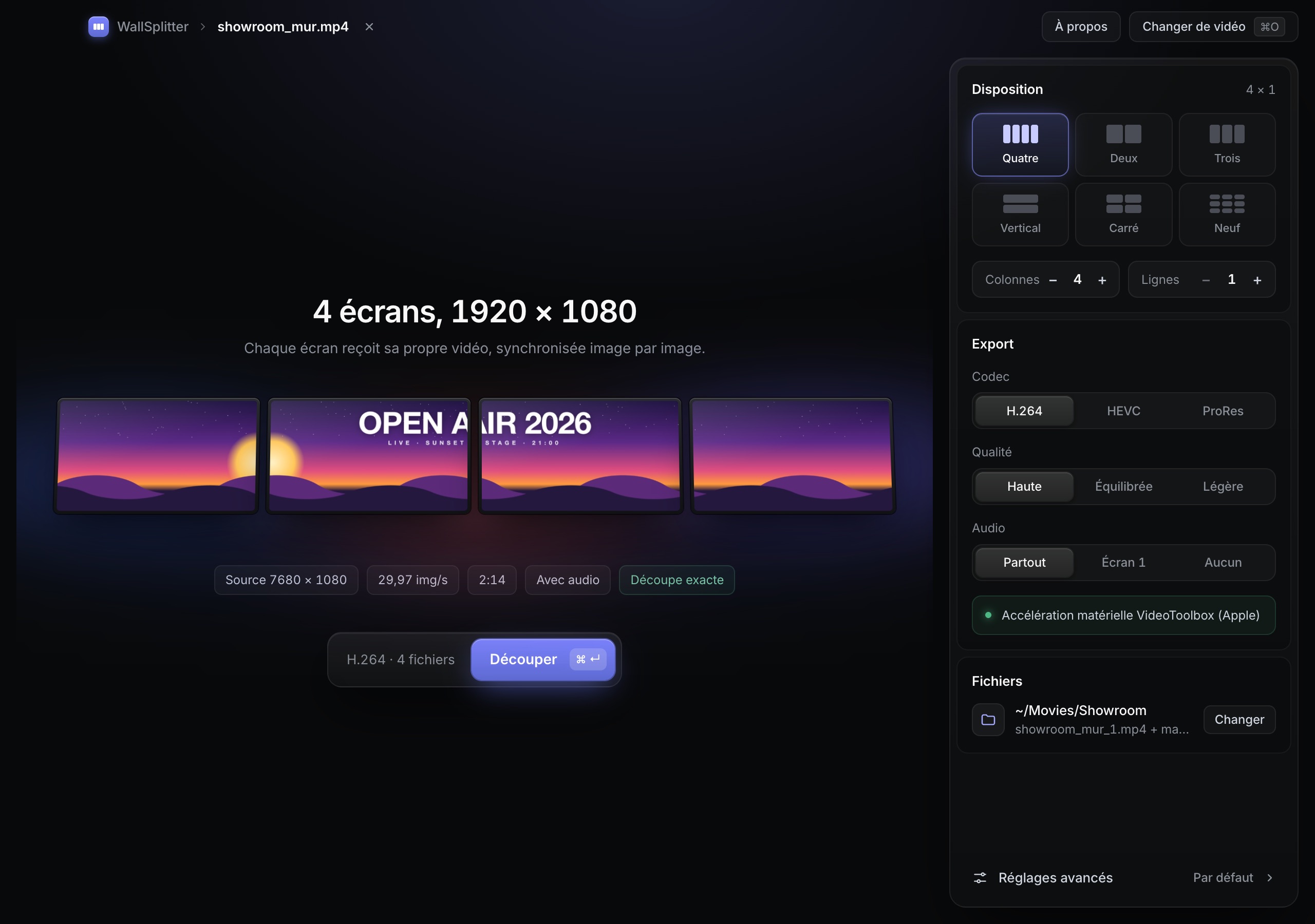 WallSplitter ouvert sur une vidéo 7680 × 1080, avec derrière les quatre écrans obtenus sur un mur d'images